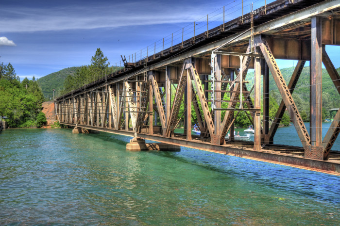 A rail bridge crossing Lake Shasta.