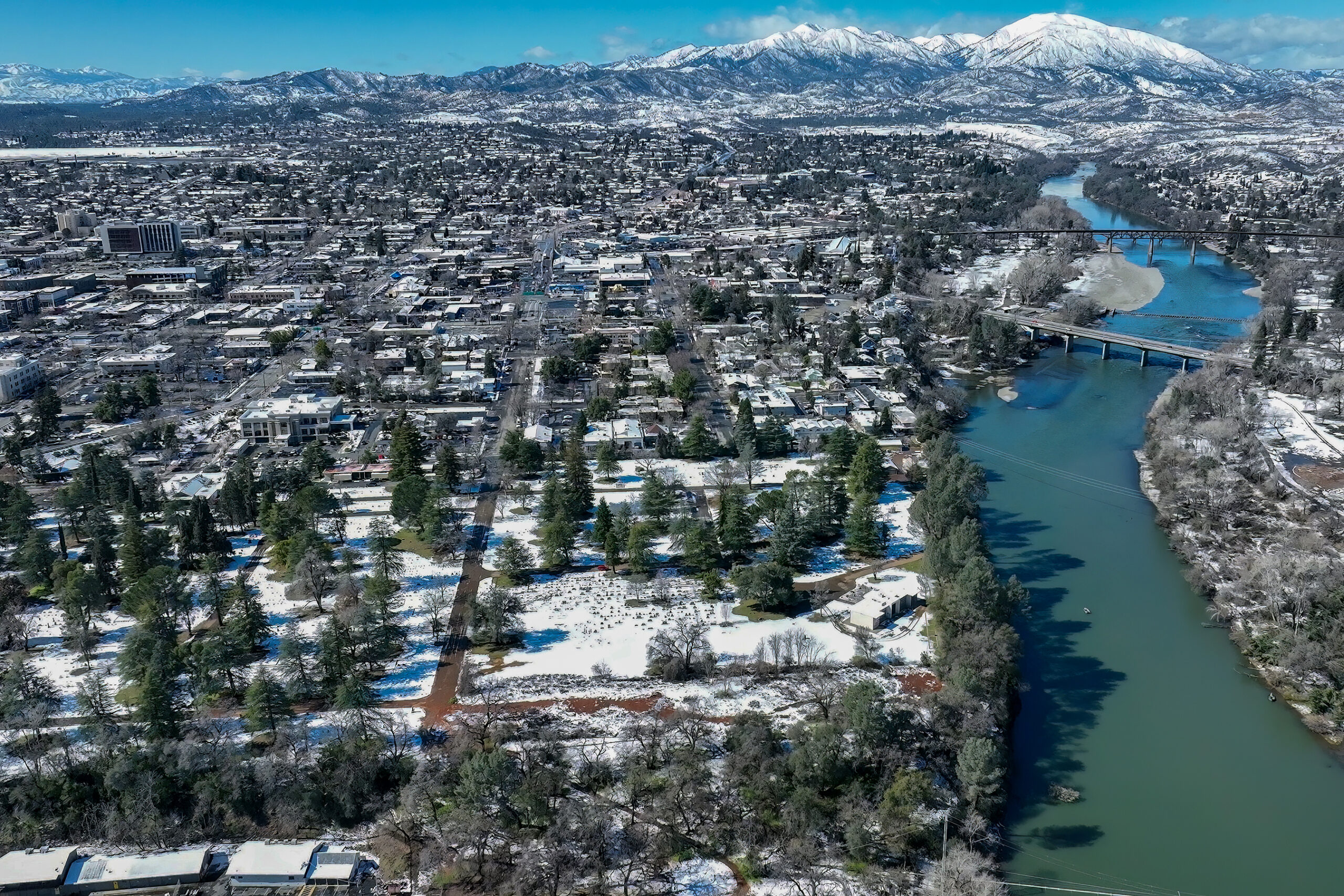 Aerial view of central Redding after a recent snowfall